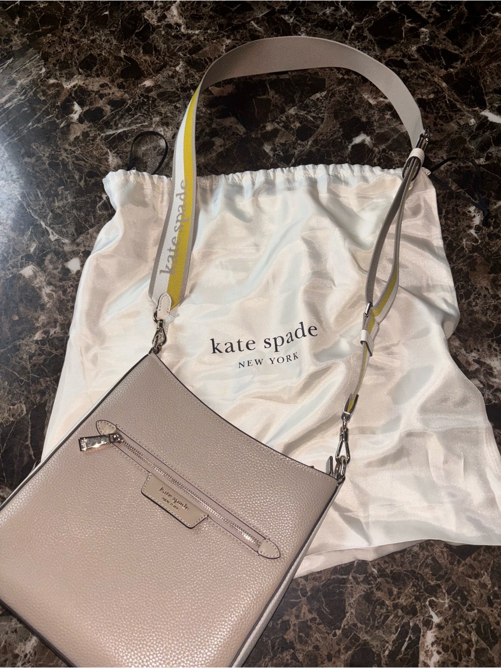 Kate Spade - Pebbled Leather Crossbody in Taupe with Yellow-Striped Strap - Picture 4 of 9